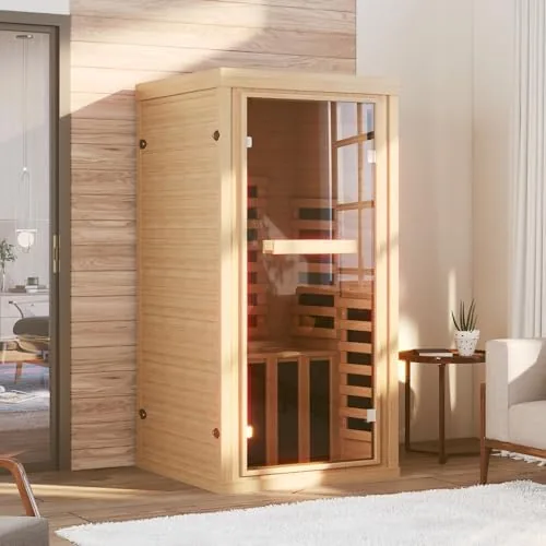 breezestival 1 person infrared dry sauna canadian hemlock wood indoor home spa sauna room integrated speakers tempered glass door control panel 149 maximum heating size 323 x 323 x 616