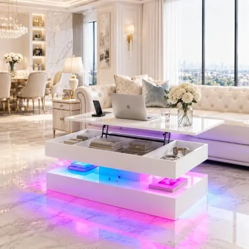 breezestival 47 inch led lift top coffee table high gloss coffee table with 2 sliding drawers open storage shelf and ambient light modern double layer center table for living room white