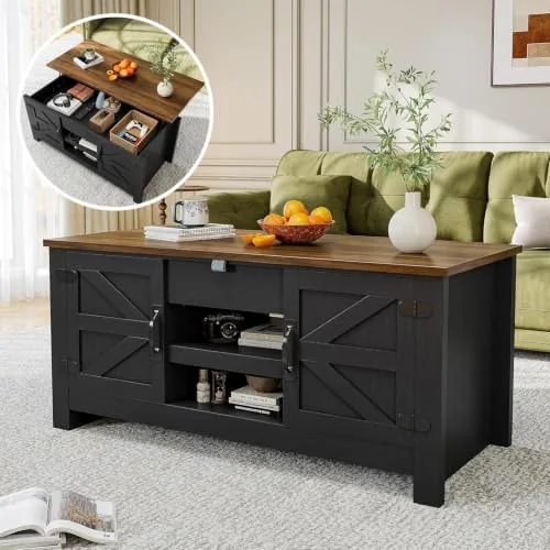 breezestival 48 lift top farmhouse coffee table with hidden storage black