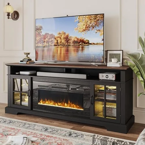 breezestival 70 tv stand with electric fireplace modern entertainment center for tvs up to 80 inches media console with storage cabinets doors farmhouse style for living room black