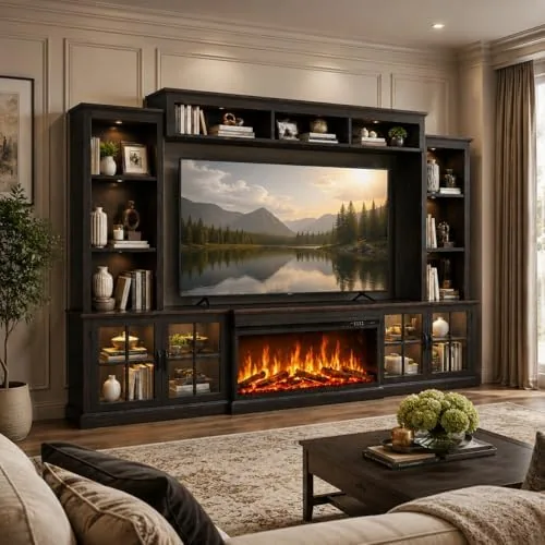 breezestival black farmhouse tv stand with fireplace entertainment center 98 wall unit media console with bookshelf cabinet power outlets barn doors fits tvs up to 75 for living room