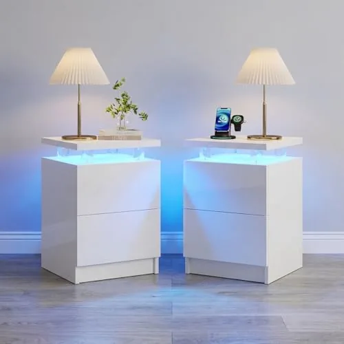 breezestival nightstand set of 2 with led lights 15 nightstands with 2 storage drawers modern bedside table for bedroom white