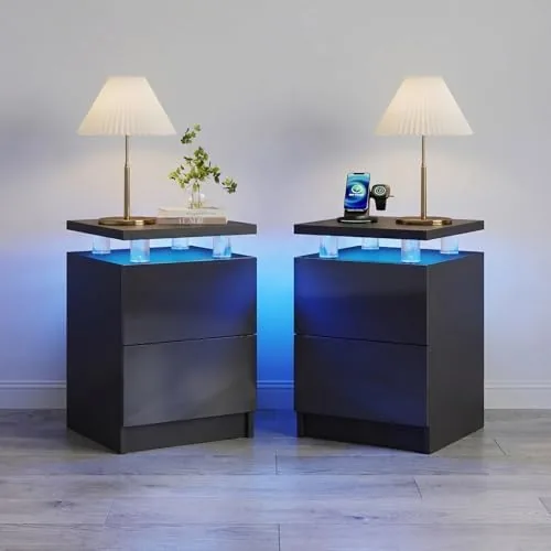 breezestival nightstand set of 2 with led lights15 nightstands with 2 storage drawers modern bedside table for bedroom black