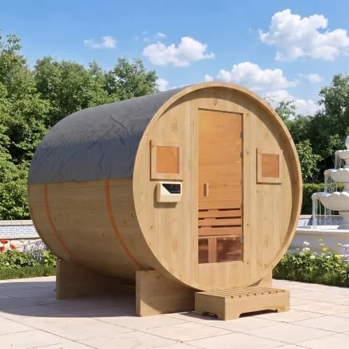 large capacity outdoor wooden traditional barrel sauna for 4 6 person steam dry heat sauna with 6kw heater sauna stones thermometer spacious bucket style design for backyard family gatherings